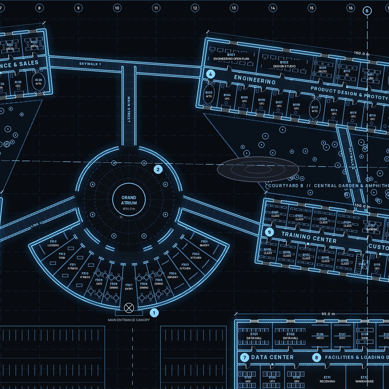 Brennolt Industries infographic concept, headquarters floorplan detail