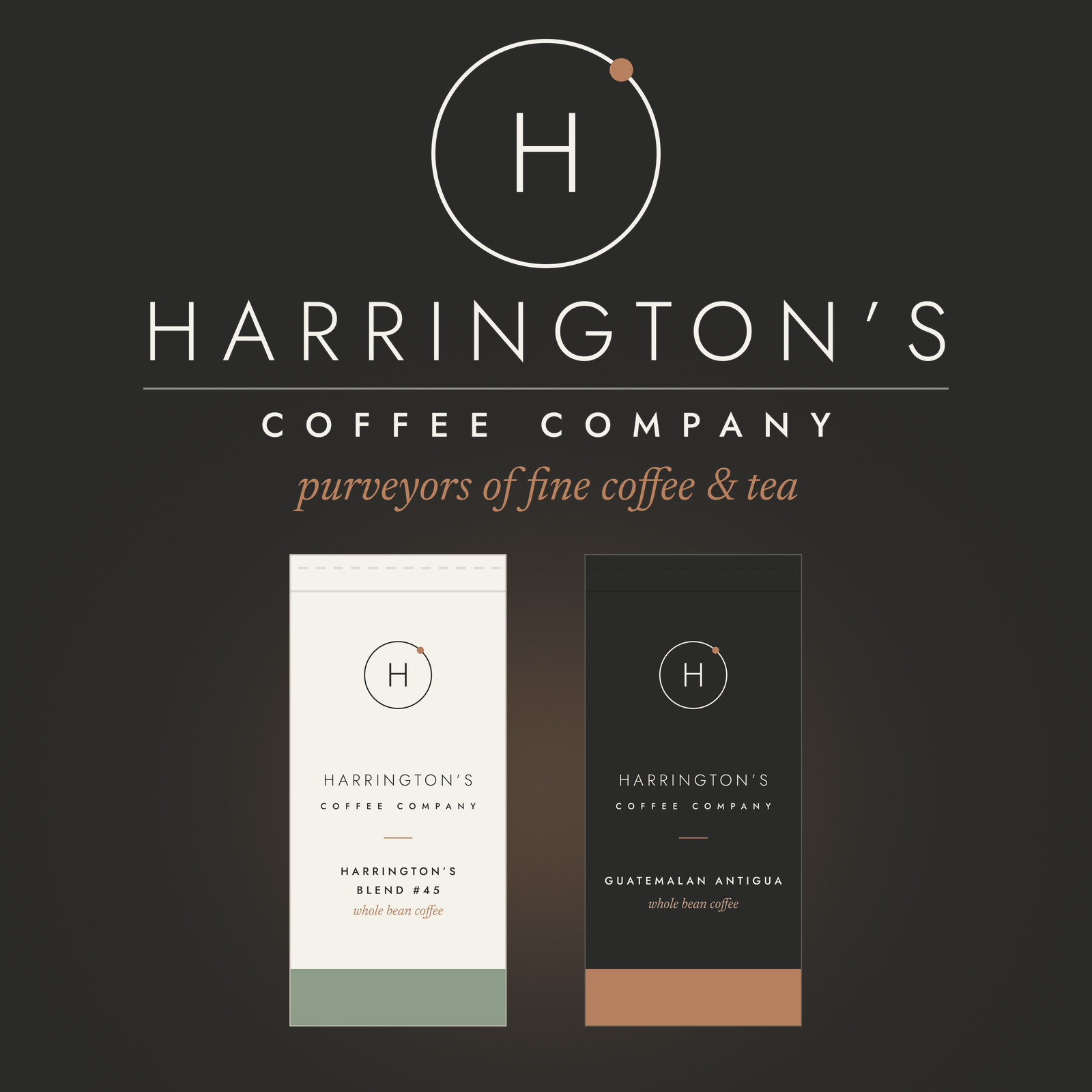 Harrington’s Coffee Company brand identity, logo and cup and mug applications